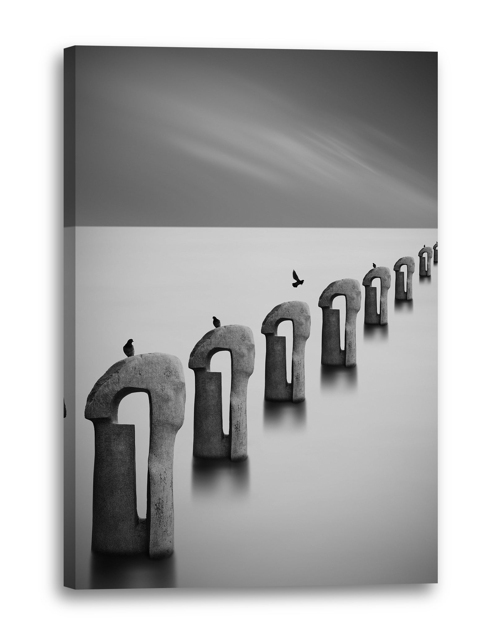 Leinwandbild Vögel auf Steinskulpturen schwarz-weiß Foto Kunst Inspirierend Deko