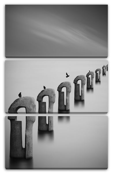 Leinwandbild Vögel auf Steinskulpturen schwarz-weiß Foto Kunst Inspirierend Deko