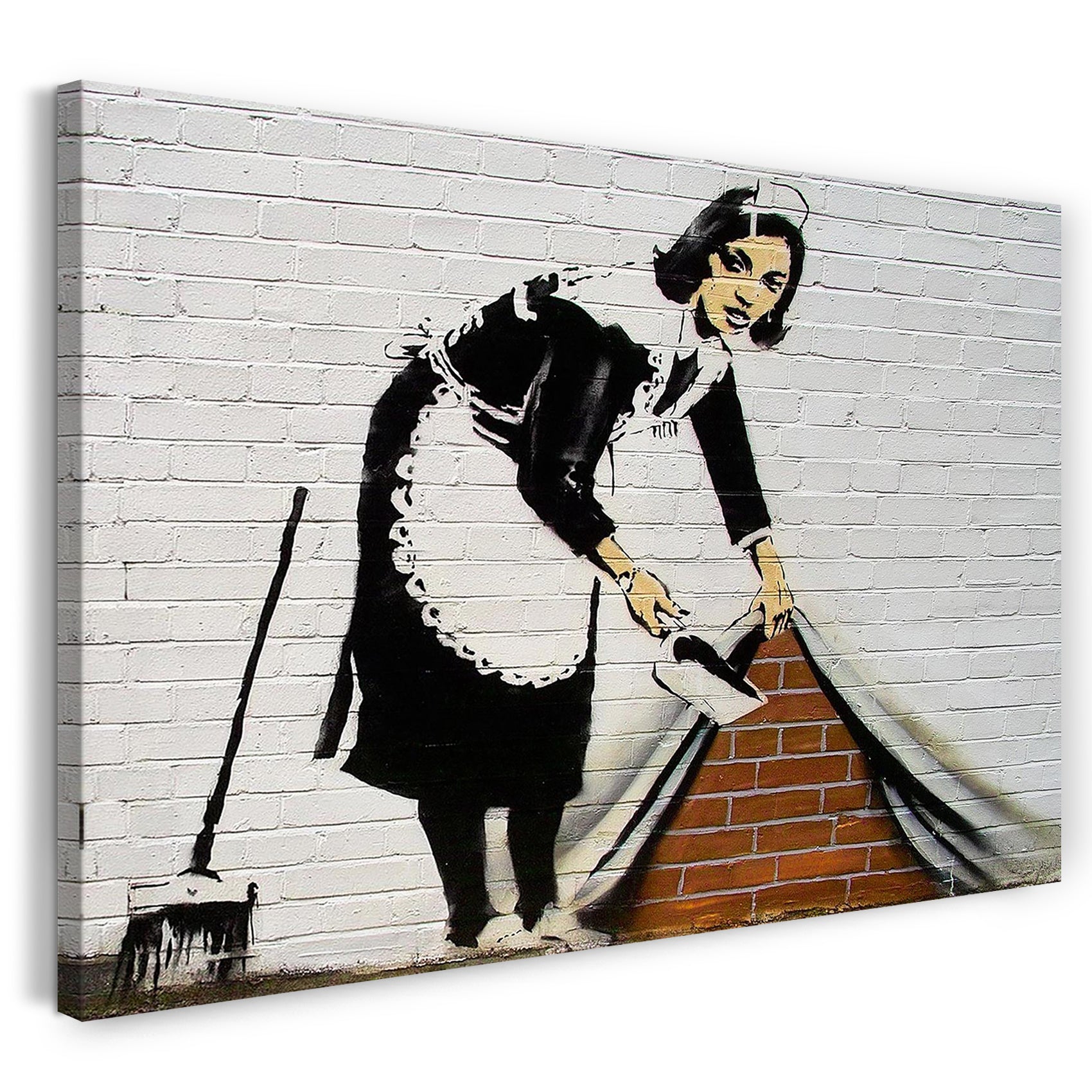 Leinwandbild Banksy - Putzfrau kehrt Dreck unter Wand-Bemalung Graffiti Street Art