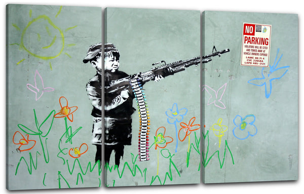 Leinwandbild Banksy - Kind Junge schießt mit Farbstiften auf Fahrverbots-Schild Graffiti cool hip stylisch
