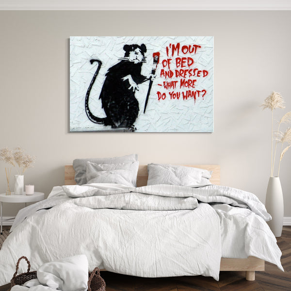 Leinwandbild Banksy - Ratte mit Pinsel "What do you want?" Rat I'm out of bed Graffiti-Wandbild