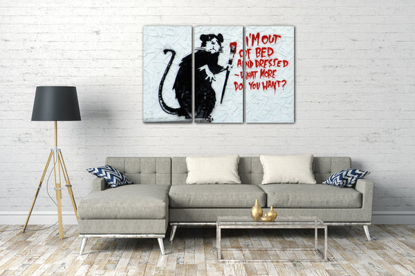 Leinwandbild Banksy - Ratte mit Pinsel "What do you want?" Rat I'm out of bed Graffiti-Wandbild