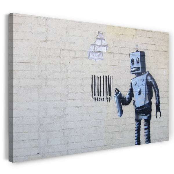 Leinwandbild Banksy - Roboter Robot sprüht Bar-Code auf Wand Graffiti-Wandbild cool stylisch modern urban