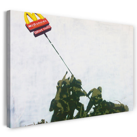 Leinwandbild Banksy - Soldaten heben McDonald's Drive In Schild hoch (Soldiers of McDonald's)