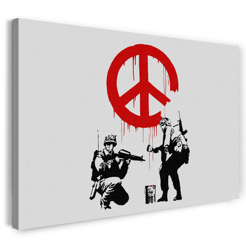 Leinwandbild Banksy - Soldaten malen Peace Symbol soldiers Peace heller Hintergrund