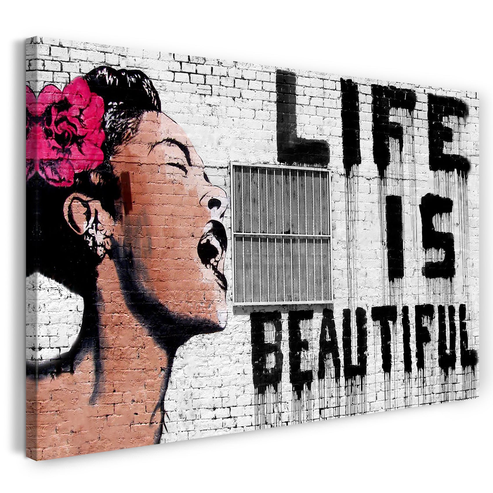 Leinwandbild Banksy - Life is beautiful Frau mit Rose im Haar mit Schriftzug