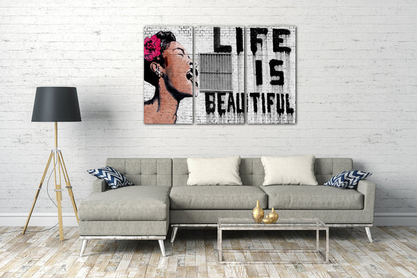 Leinwandbild Banksy - Life is beautiful Frau mit Rose im Haar mit Schriftzug