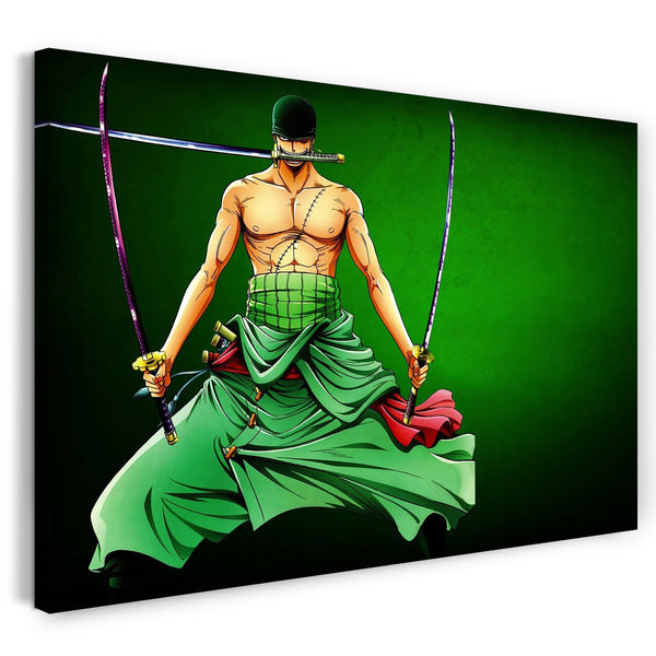 Leinwandbild One Piece Roronoa Zoro mit Samurai-Schwert im Mund grüner Hintergrund