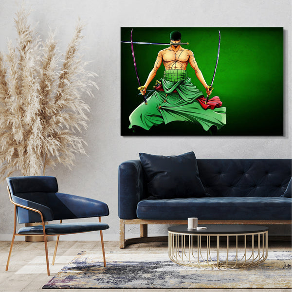 Leinwandbild One Piece Roronoa Zoro mit Samurai-Schwert im Mund grüner Hintergrund