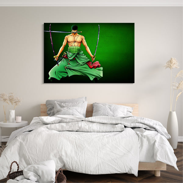 Leinwandbild One Piece Roronoa Zoro mit Samurai-Schwert im Mund grüner Hintergrund