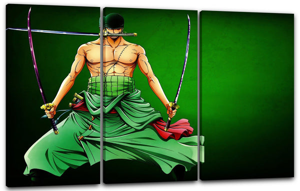 Leinwandbild One Piece Roronoa Zoro mit Samurai-Schwert im Mund grüner Hintergrund