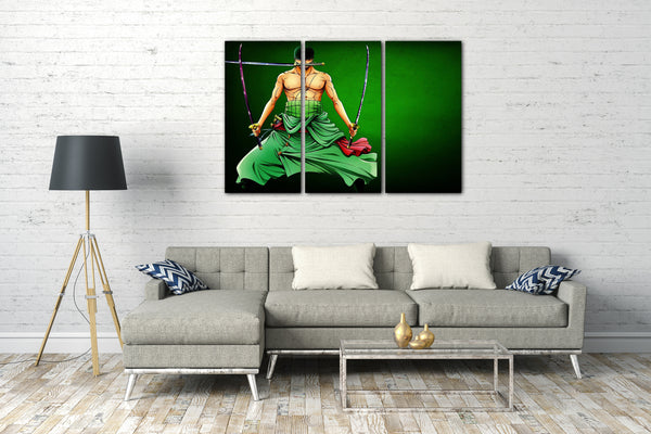 Leinwandbild One Piece Roronoa Zoro mit Samurai-Schwert im Mund grüner Hintergrund