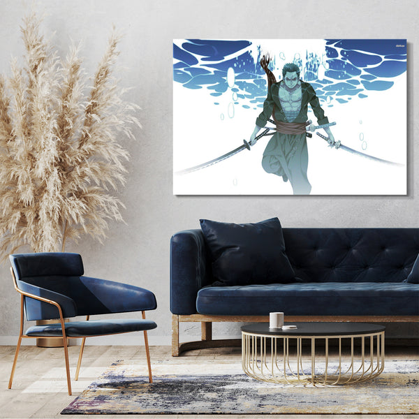 Leinwandbild One Piece Roronoa Zoro unter Wasser mit Samurai-Schwertern