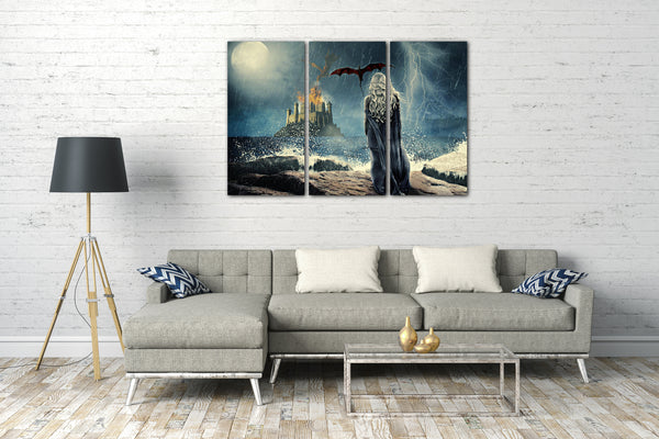 Leinwandbild Game of Thrones Daenerys Targaryen vor Burg Meer Drachen Emilia