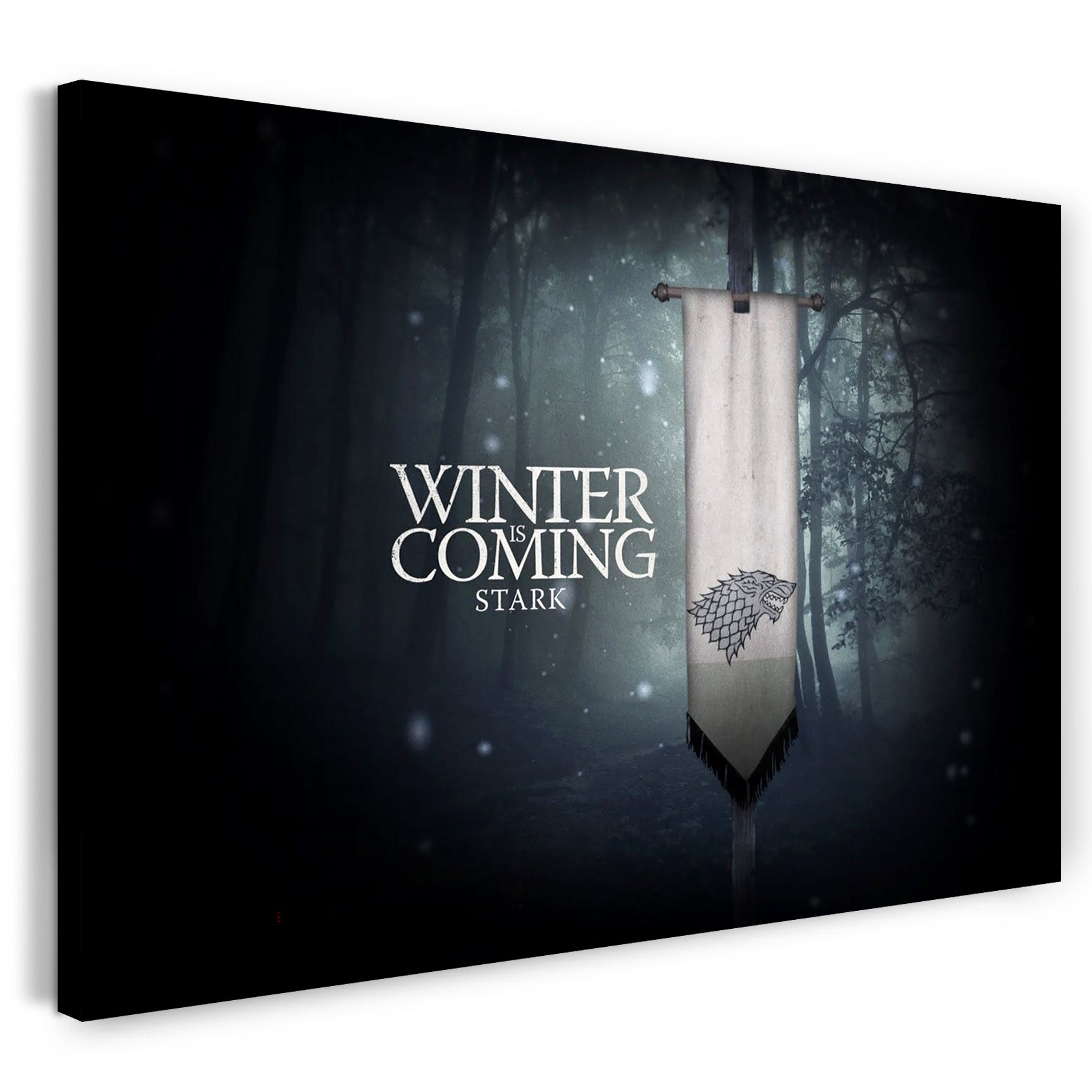 Leinwandbild Game of Thrones Winter is coming Wappen auf Fahne vor Wald