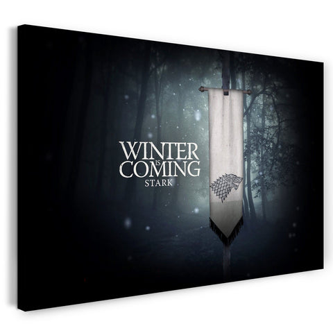 Leinwandbild Game of Thrones Winter is coming Wappen auf Fahne vor Wald
