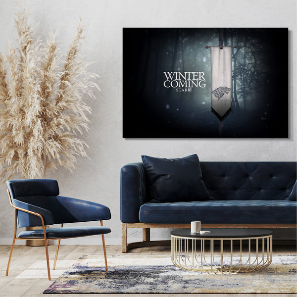 Leinwandbild Game of Thrones Winter is coming Wappen auf Fahne vor Wald