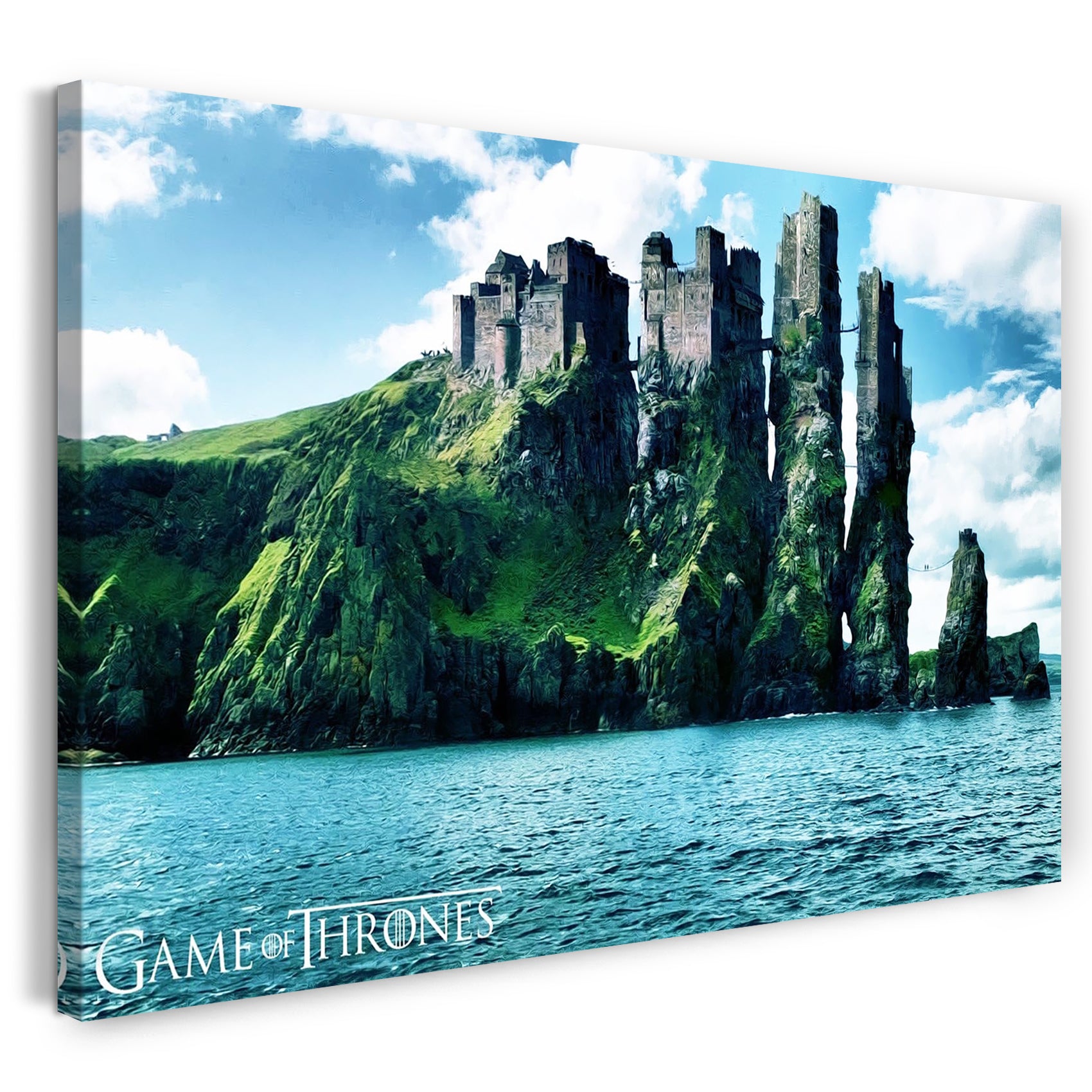Leinwandbild Game of Thrones große Burg auf Insel im Meer Fantasy Titel-Schrift