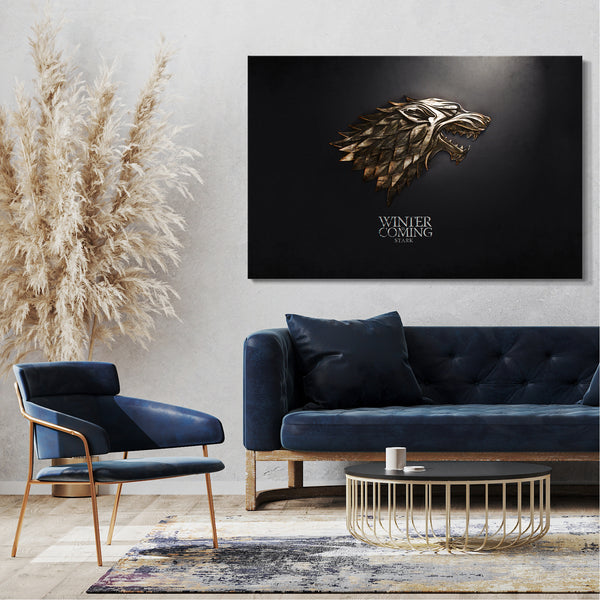 Leinwandbild Game of Thrones Winter is coming Stark Wappen Bronze vor schwarz