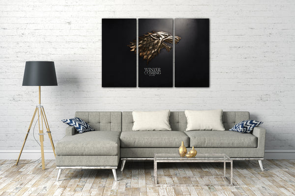 Leinwandbild Game of Thrones Winter is coming Stark Wappen Bronze vor schwarz