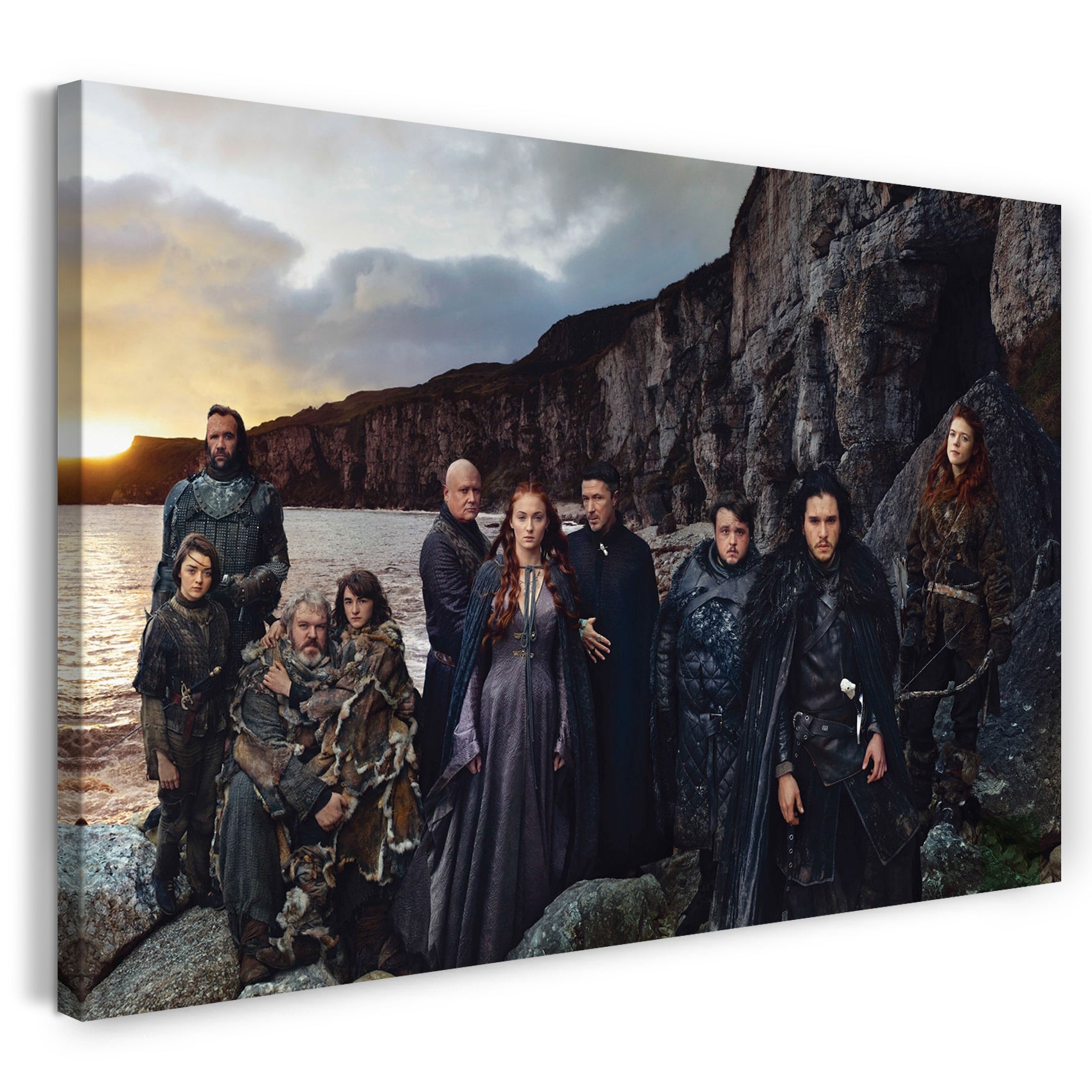 Leinwandbild Game of Thrones Darsteller vor Meeres- und Bergkulisse