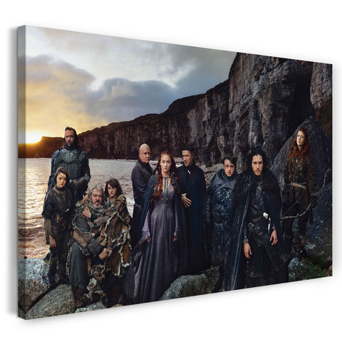 Leinwandbild Game of Thrones Darsteller vor Meeres- und Bergkulisse