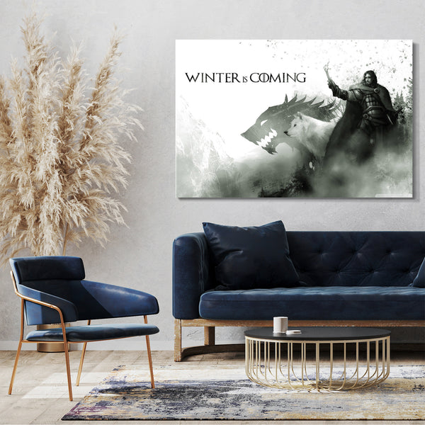 Leinwandbild Game of Thrones Winter is coming Wappen Drache Mann Fackel
