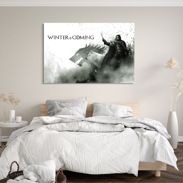 Leinwandbild Game of Thrones Winter is coming Wappen Drache Mann Fackel