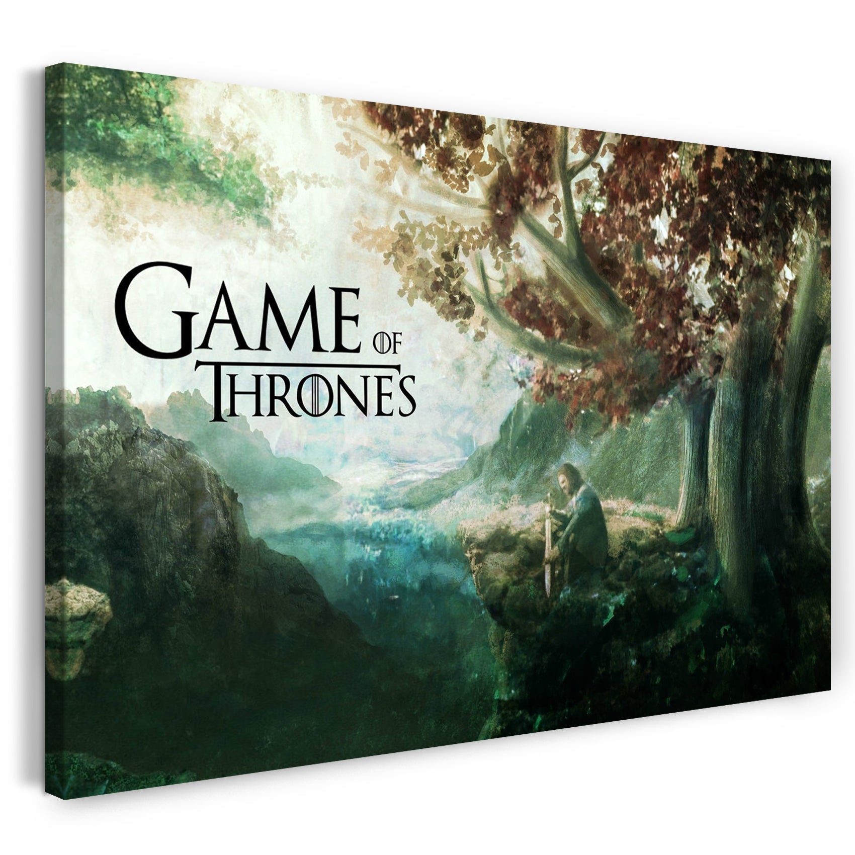 Leinwandbild Game of Thrones Stark mit Schwert in Fantasy-Wald-Landschaft