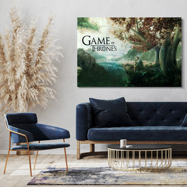Leinwandbild Game of Thrones Stark mit Schwert in Fantasy-Wald-Landschaft