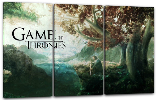 Leinwandbild Game of Thrones Stark mit Schwert in Fantasy-Wald-Landschaft