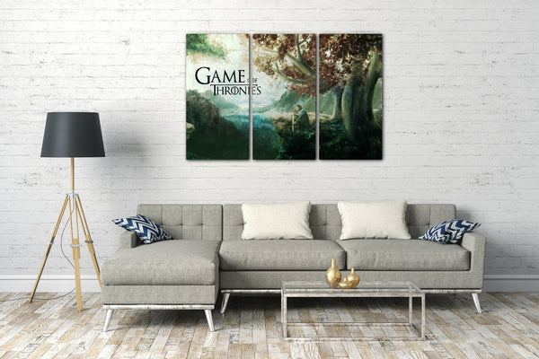 Leinwandbild Game of Thrones Stark mit Schwert in Fantasy-Wald-Landschaft