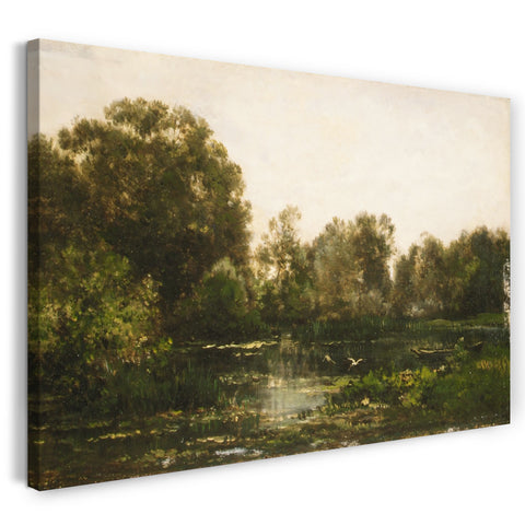 Leinwandbild Charles-François Daubigny - Eine Flusslandschaft mit Störchen