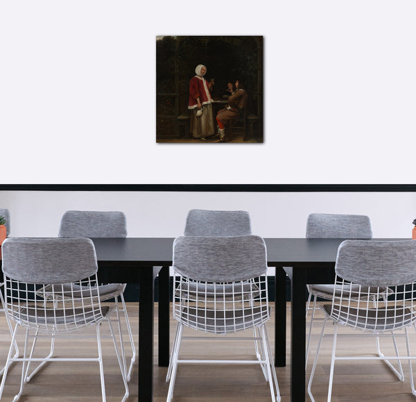 Leinwandbild Pieter de Hooch - Eine Frau und zwei Männer in einer Laube