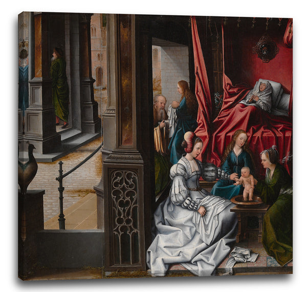 Leinwandbild Bernard van Orley - Die Geburt und Namensgebung von Johannes dem Täufer; (rückwärts) Trompe-l'oeil mit Gemälde des Schmerzensmannes