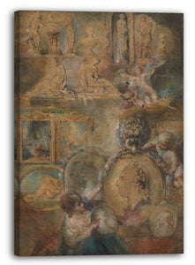 Leinwandbild Gabriel de Saint-Aubin - Allegorie Ludwigs XV. Als Schutzpatron der Künste mit Gemälden und Skulpturen aus dem Salon von 1769