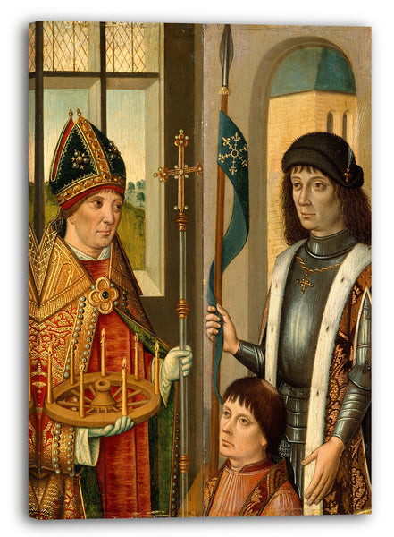 Leinwandbild Niederländischer Maler (Brügge) (um 1490) - St. Donatian; Saint Victor präsentiert einen Spender