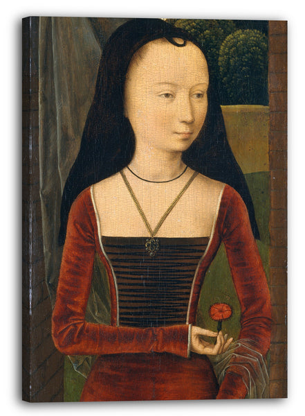 Leinwandbild Hans Memling zugeschrieben - Junge Frau mit einem Rosa
