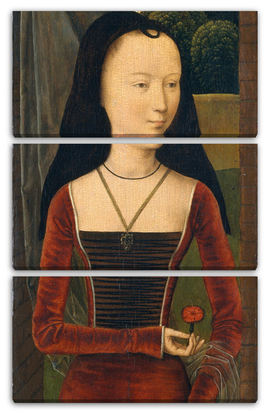 Leinwandbild Hans Memling zugeschrieben - Junge Frau mit einem Rosa