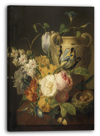 Leinwandbild Peter Faes - Blumen von einer Steinvase