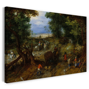 Leinwandbild Jan Brueghel der Ältere - Eine Waldstraße mit Reisenden