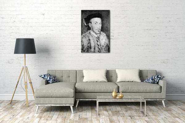 Leinwandbild Französischer Maler (zweites oder drittes Viertel des 16. Jahrhunderts) - Portrait eines Mannes in einem weißen Pelz-Mantel