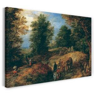 Leinwandbild Jan Brueghel der Ältere - Landschaft mit Reisenden auf einem Waldweg