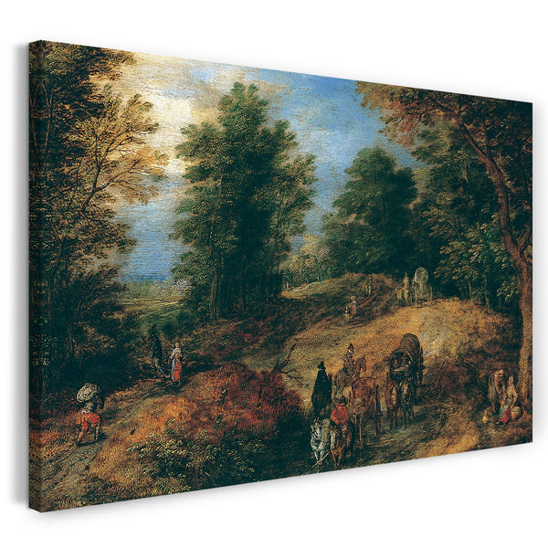 Leinwandbild Jan Brueghel der Ältere - Landschaft mit Reisenden auf einem Waldweg
