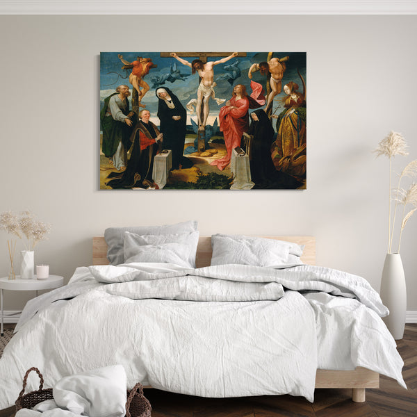 Leinwandbild Cornelis Engebrechtsz - Die Kreuzigung mit Stiftern und den Heiligen Peter und Margaret