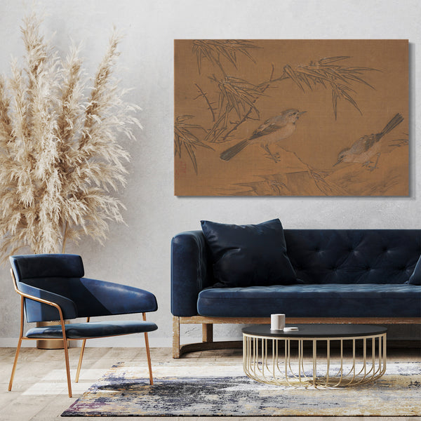 Leinwandbild Nicht identifizierter Künstler - Zwei Vögel und Bambuspflanze