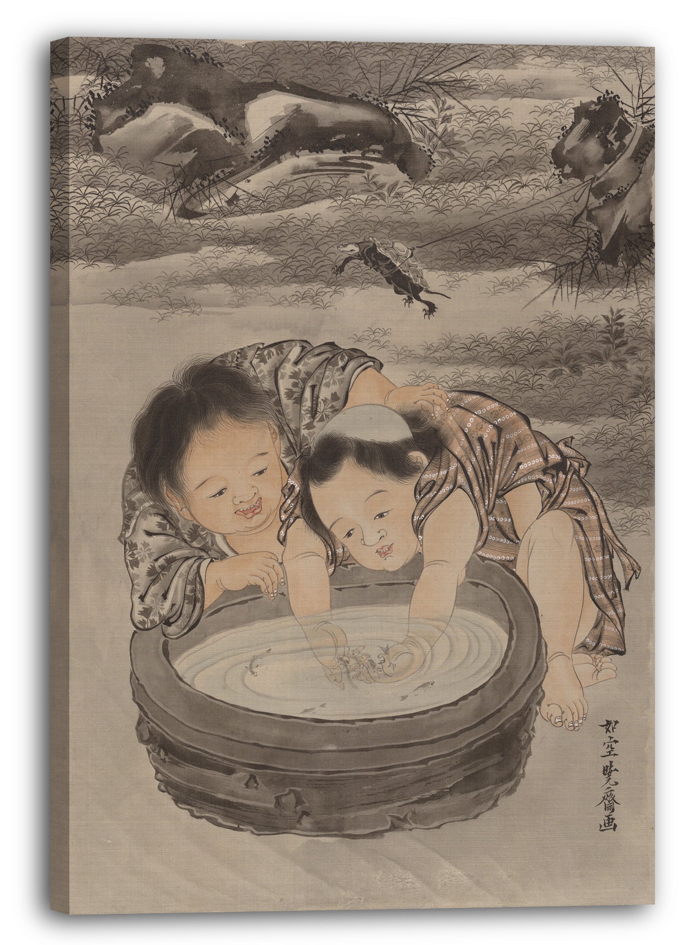 Leinwandbild Kawanabe Kyōsai (Japanisch, 1831-1889) - Zwei Kinder, die mit einem Goldfish spielen