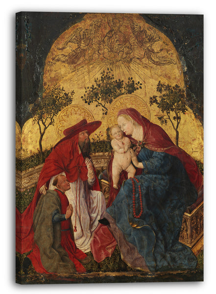 Leinwandbild Meister der Münchener Bayrischen Tafeln - Jungfrau und Kind mit einem Stifter präsentiert vom Heiligen Jerome