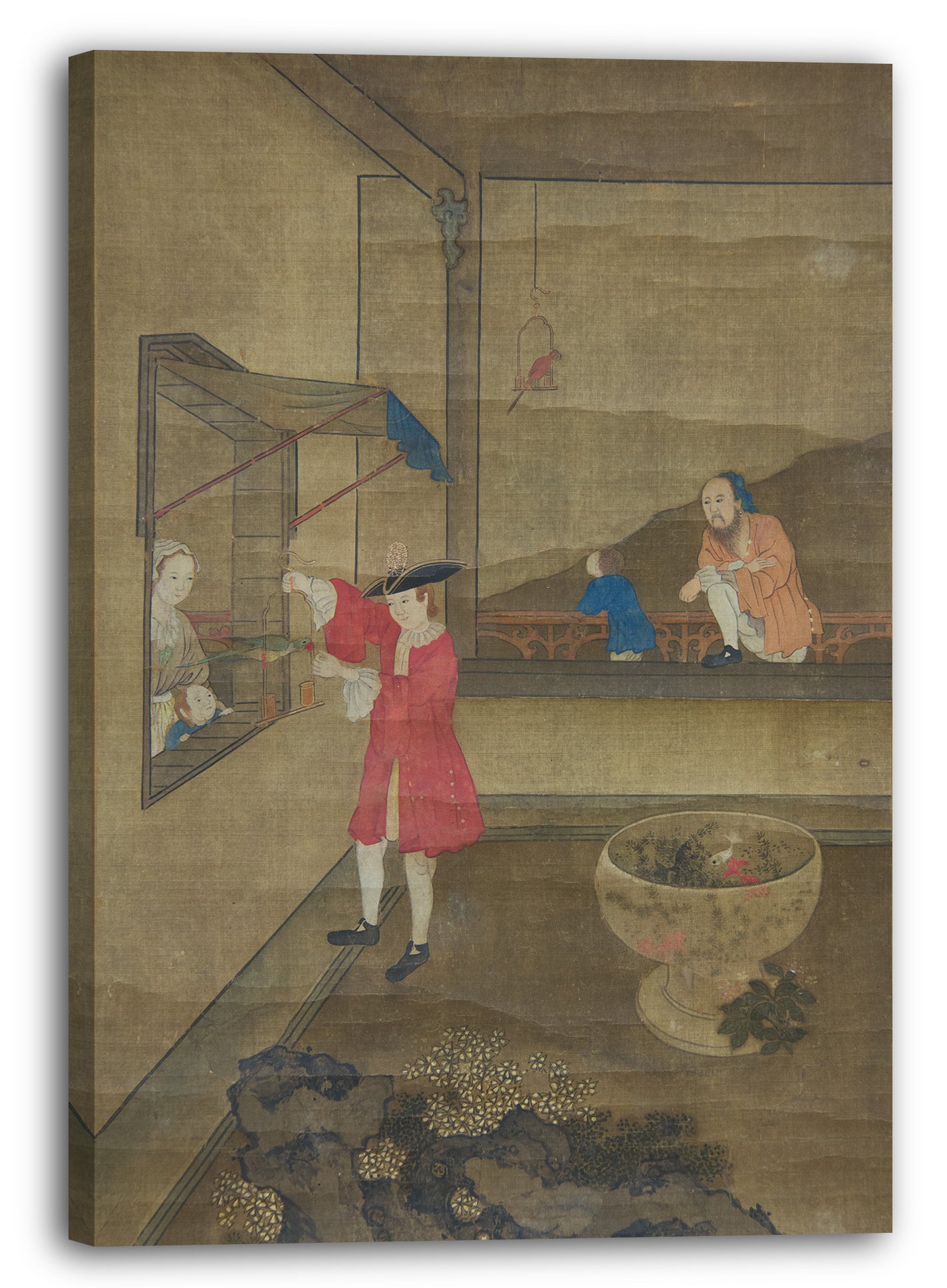 Leinwandbild Nicht identifizierter Künstler Chinese, 18. Jahrhundert - Europäisches Paar und Kind, die mit Papageien spielen