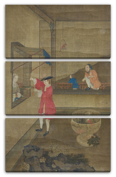 Leinwandbild Nicht identifizierter Künstler Chinese, 18. Jahrhundert - Europäisches Paar und Kind, die mit Papageien spielen